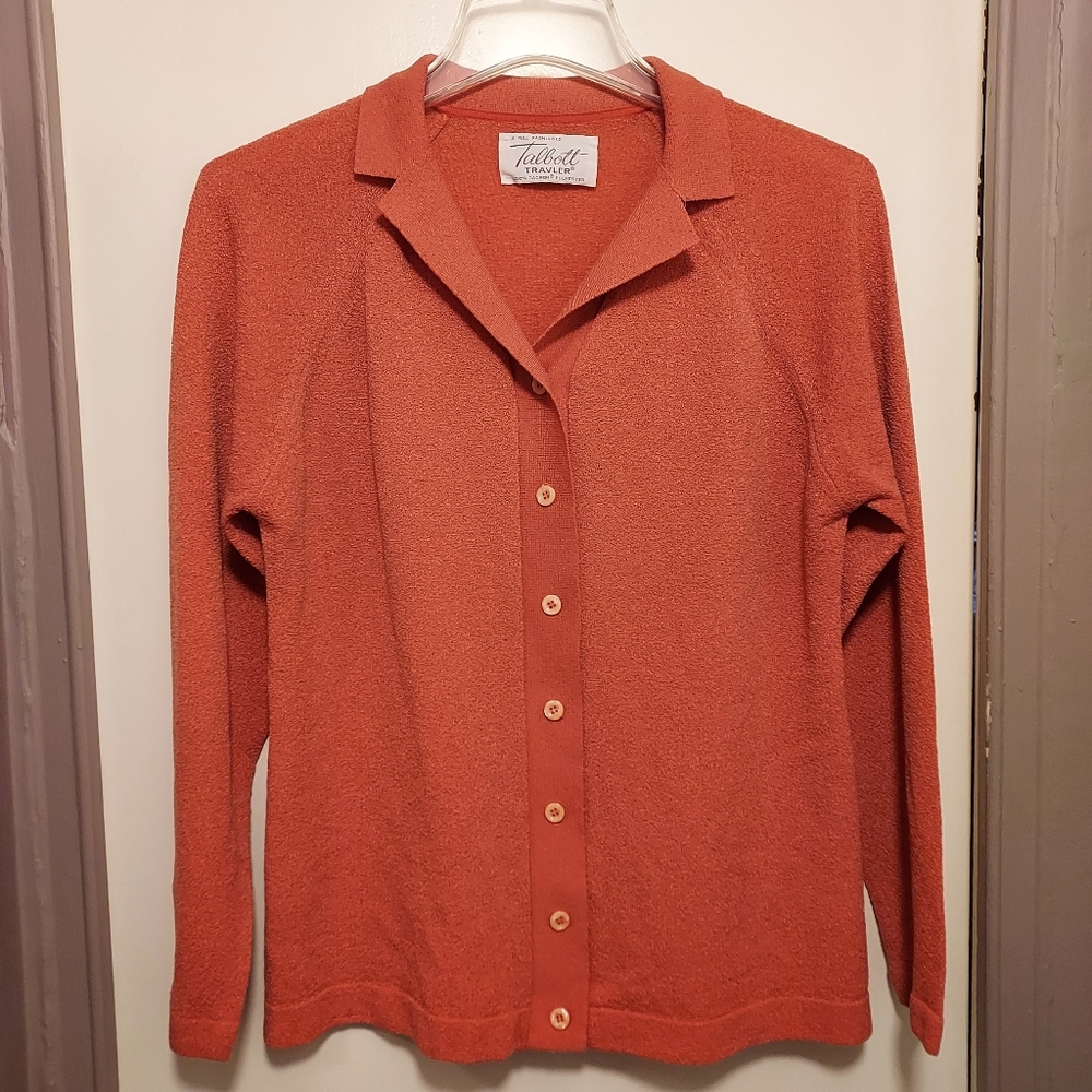 Talbots TRAVELLER Dacron Knit Cardigan L Coral Mad Men Country Club 50s